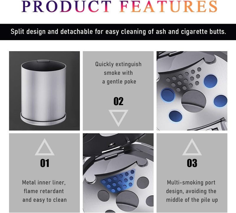 Wevdn Car Ashtray with Lid, Detachable & Portable Stainless Steel Smokeless Ashtrays for Car, Mini Universal Smell Proof Windproof Car Ashtray with LED Blue Light, Car Accessories (Black) - Image 3